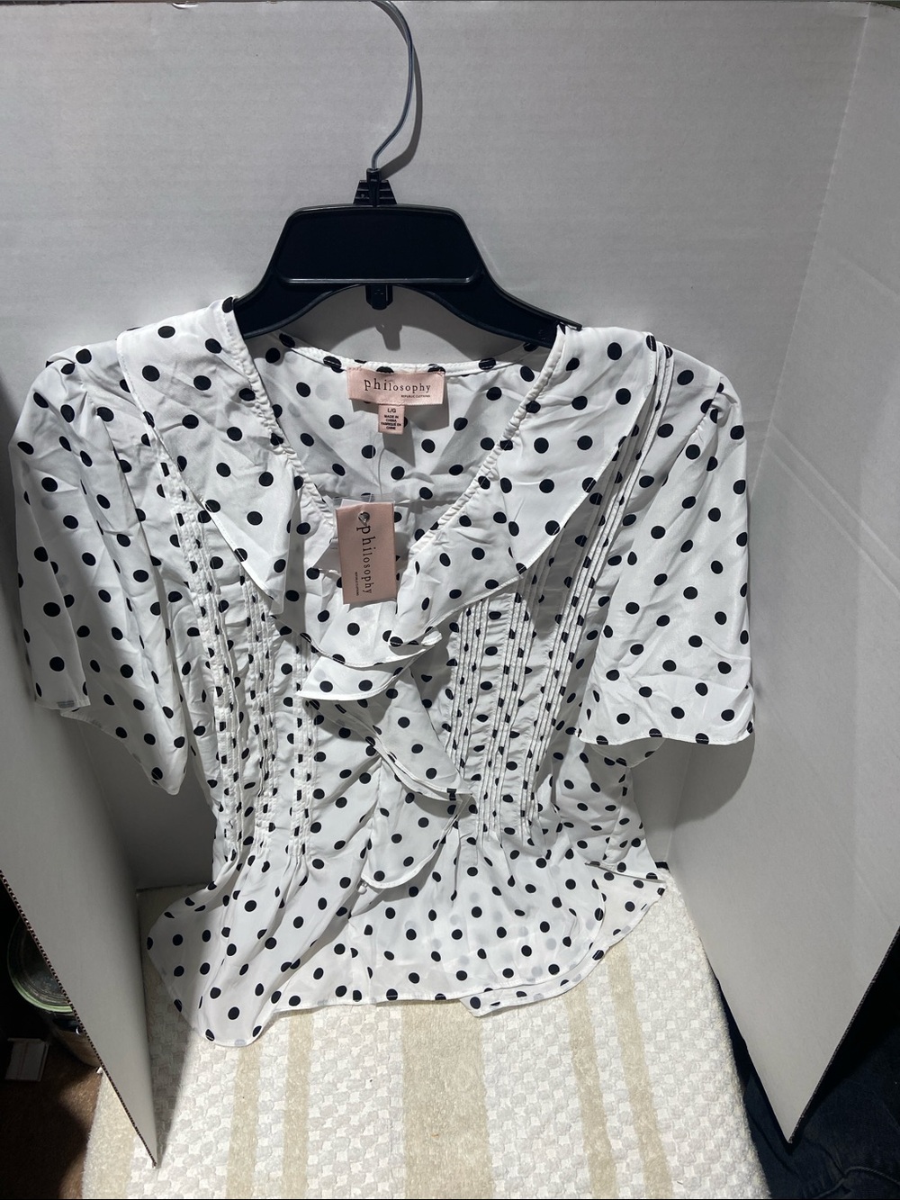 Philosophy Black Polka Dot Ruffle Front Blouse